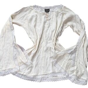 Rare Y2K Passport Vintage Cotton Lace Trim Bell Sleeve Peasant Blouse Cream L